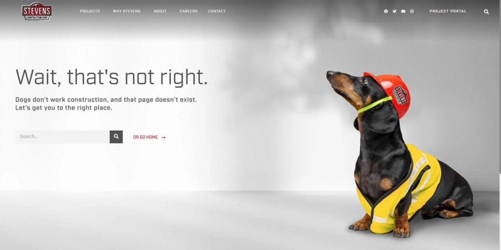 Stevens Construction 404 page with a dog in a construction worker uniform