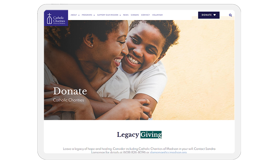 Catholic Charities website on tablet
